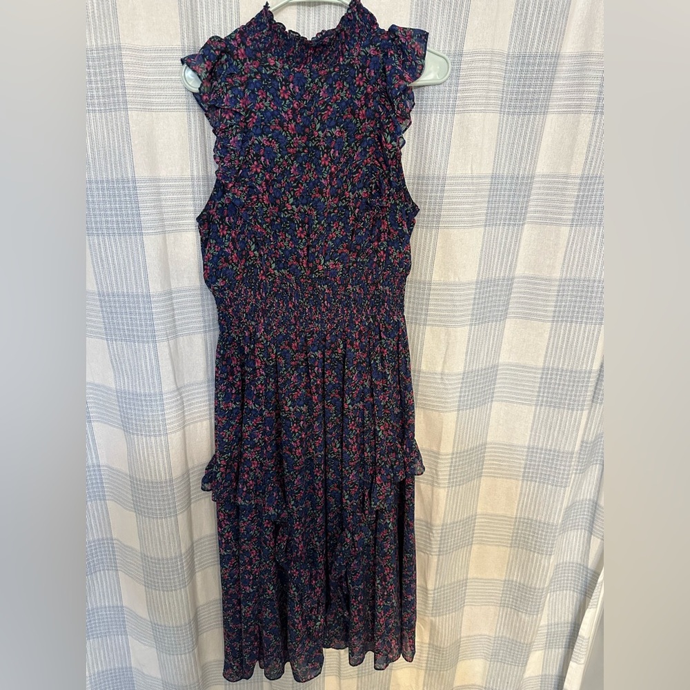 Lulus Evalina Navy Blue Floral Print Mock Neck Midi Dress